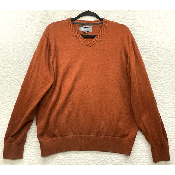 Eddie Bauer Sweater Mens Large Orange Cotton Cashmere Pullover V Neck Outdoor - Picture 1 of 10